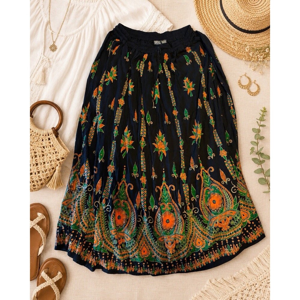NWT Anandas Collection Maxi Skirt Womens Free Size Black Boho Paisley Rayon